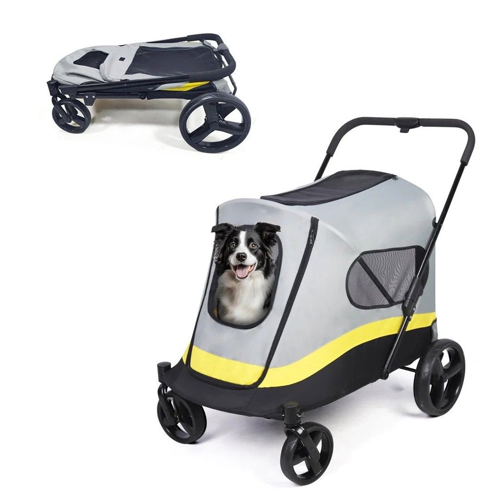Dog Stroller Foldable 4 Wheel Pet Travel Stroller with Rain Cover Grey & Light Yellow & Black 74x90x103cm