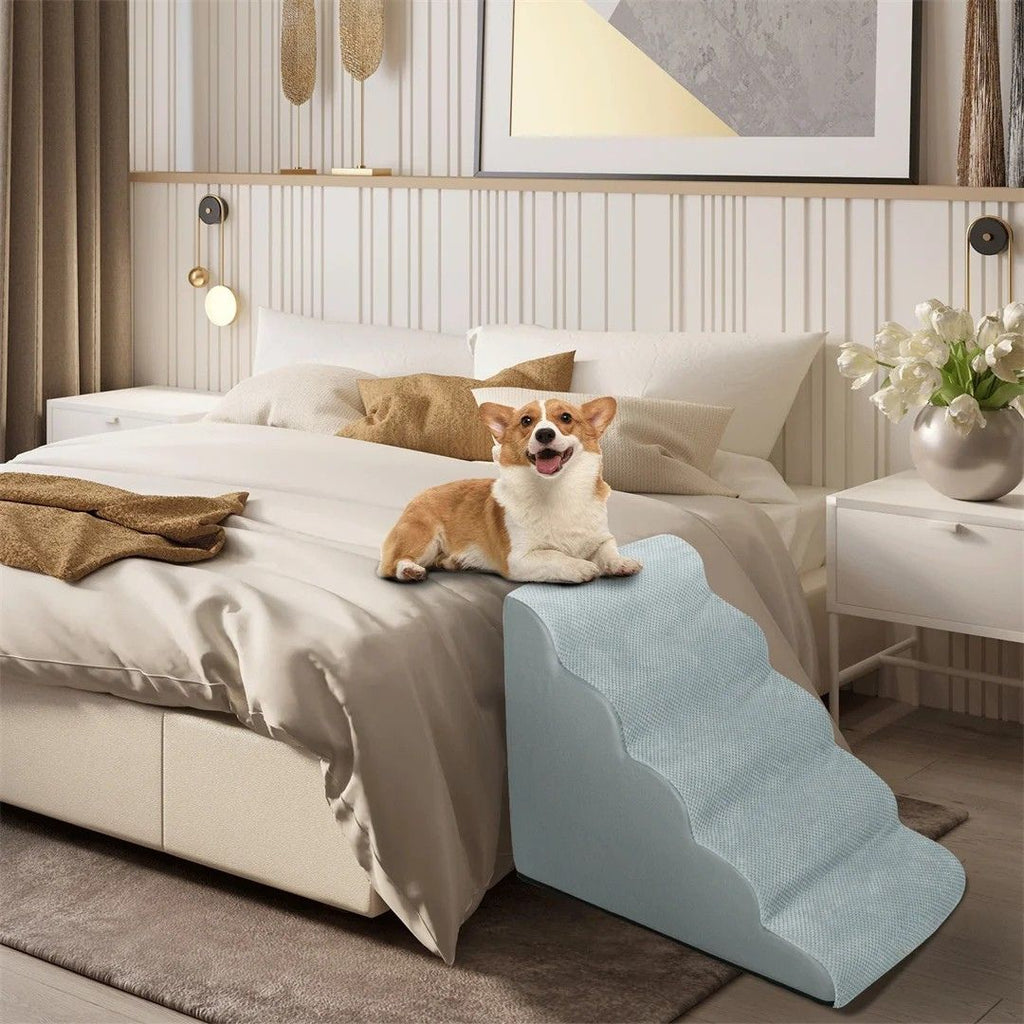 Dog Stairs 39x85x56cm High Density Foam Pet Steps with Washable Cover Grey Sofa Bed Ramp