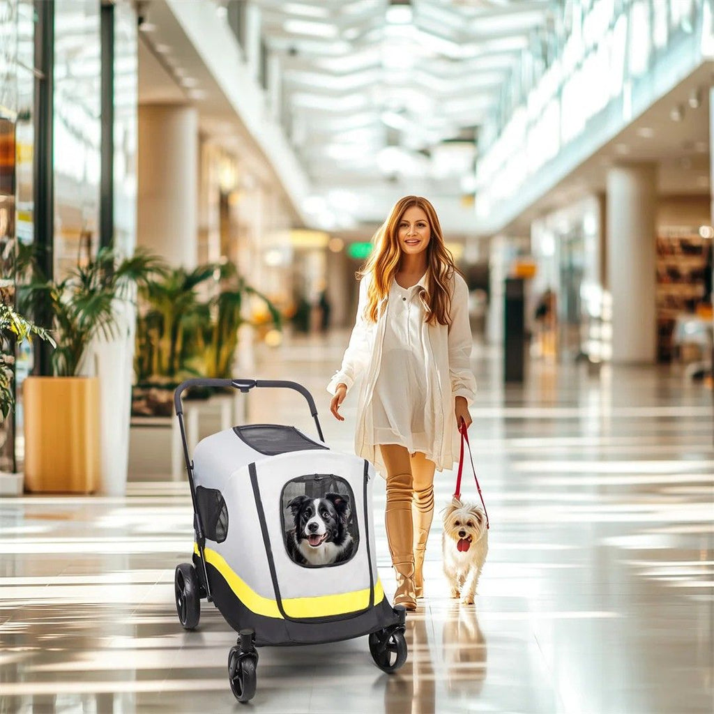 Dog Stroller Foldable 4 Wheel Pet Travel Stroller with Rain Cover Grey & Light Yellow & Black 74x90x103cm