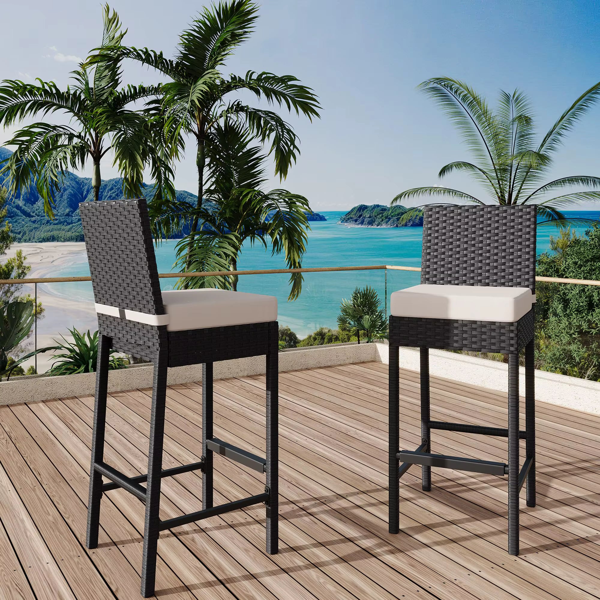 Outdoor Bar Stools Set of 2 Patio Bar Stools Weather-resistant Armless With Seat Cushions Black 40x45x103