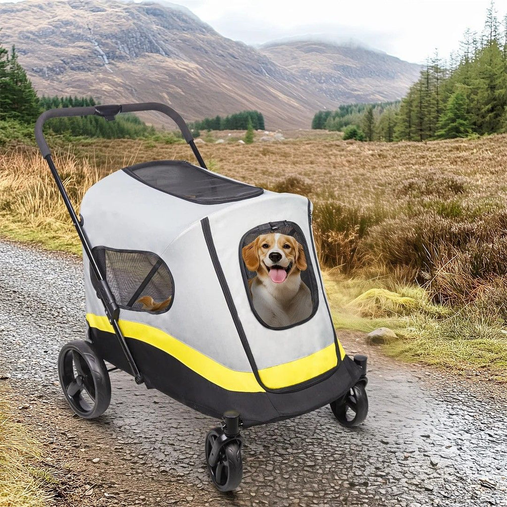 Dog Stroller Foldable 4 Wheel Pet Travel Stroller with Rain Cover Grey & Light Yellow & Black 74x90x103cm