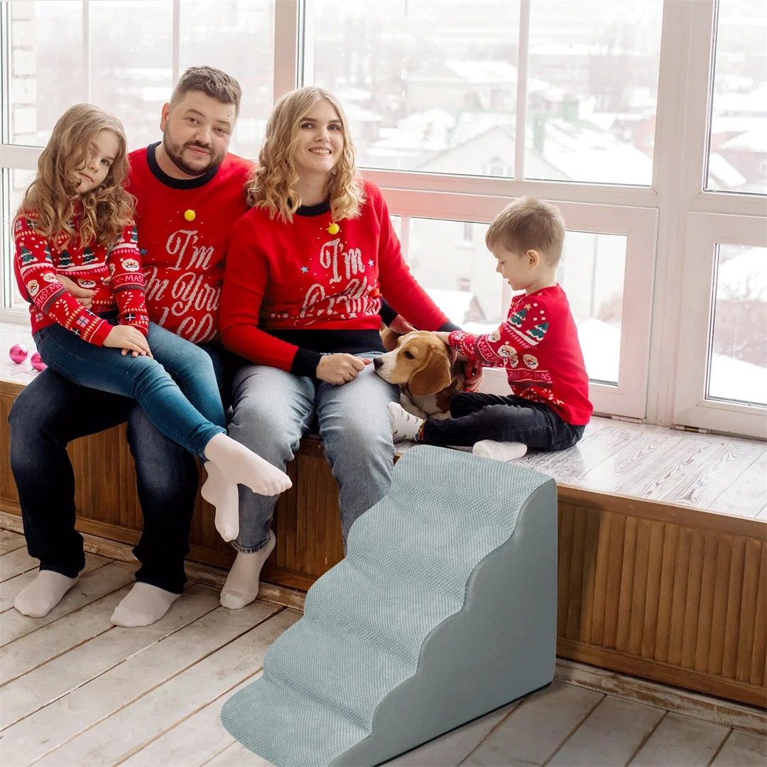Dog Stairs 39x85x56cm High Density Foam Pet Steps with Washable Cover Grey Sofa Bed Ramp