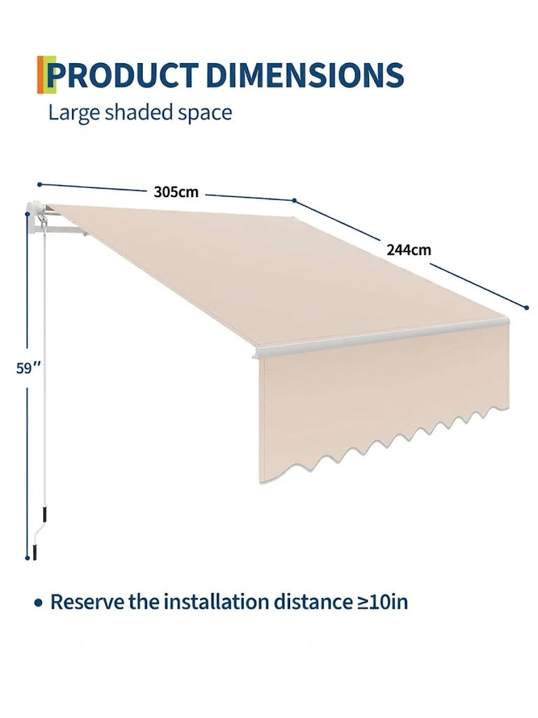 Canvas Window Awning Fabric Window Awning Textile Awning Roll-out Awning 305x244cm Manual Extendable Beige