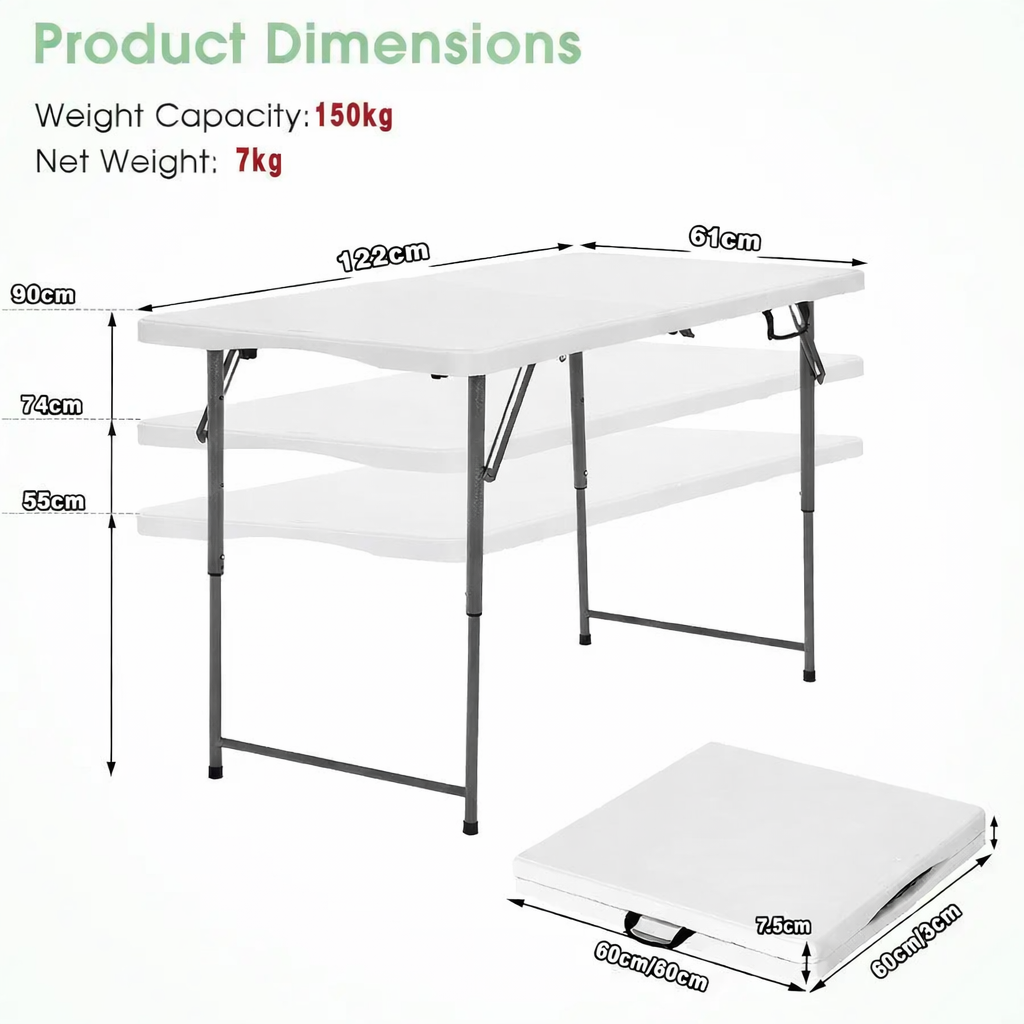 Folding Camping Table Outdoor Table Picnic Table Adjustable 55-90cm Height 1202x61cm For camping, picnics or parties