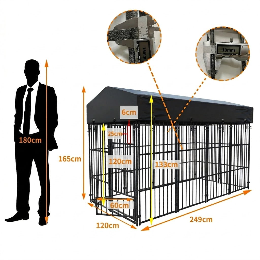 Outdoor Pet Kennel Luxury Dog & Rabbit House Enclosure Run Cage with Roof & Cover 249 x 120 x 165 cm Gray