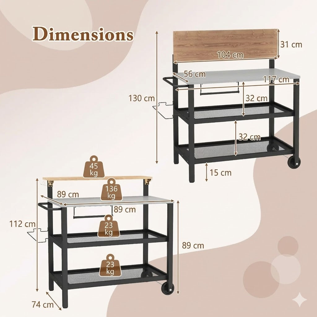 3 Tier Grill Cart Outdoor Pizza Oven Stand with Flip-Up Bar Table Cooking Station with Hooks and Trash Bag Holder Black and White 116.8x55.9x129.5cm