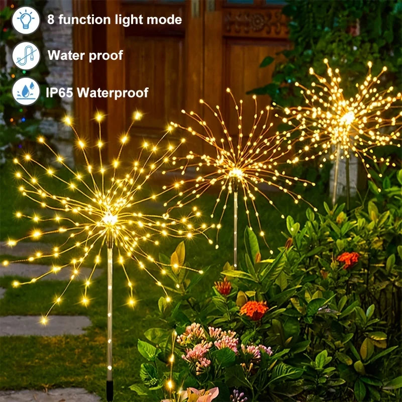 Solar Firework Lights 200 LED Outdoor Garden Decorative Lights Warm White Landscape Stake Lamp