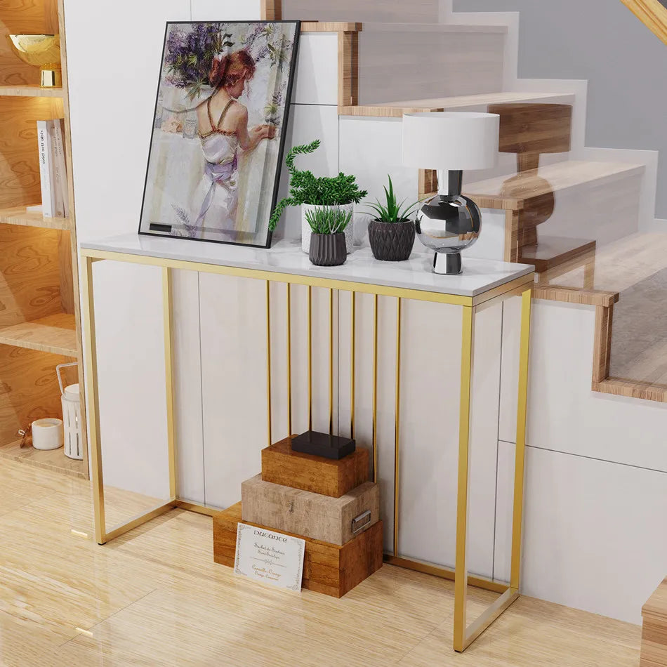 Console Table with Storage Shelf Entryway Sofa Table Narrow Hall Table Modern Living Room Furniture Design White & Gold 100x30x78.5cm