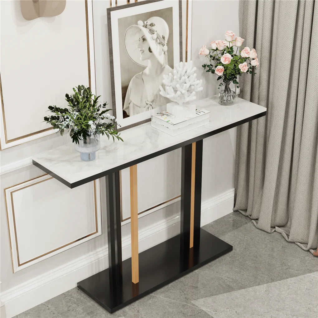 Marble Console Table 118x30x78cm Narrow Sofa Table White Entryway Hallway Living Room Table