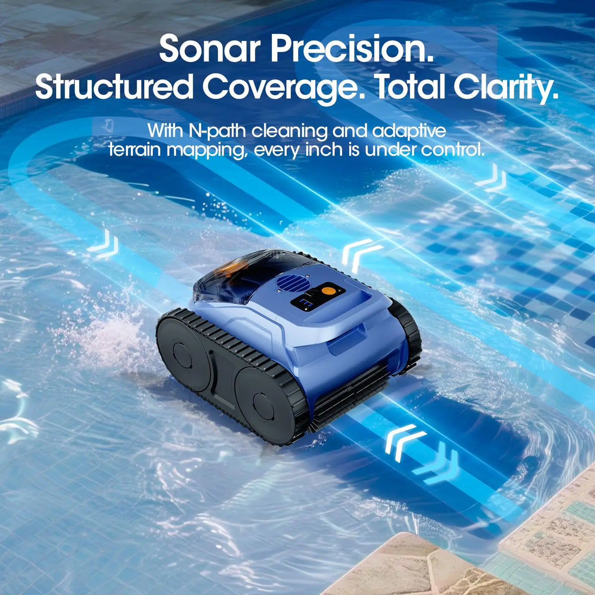 Cordless Robotic Pool Vacuum Cleaner Sonar Navigation Track Drive Wall Climbing 180W Brushless Motor 150Min Runtime Sky Blue