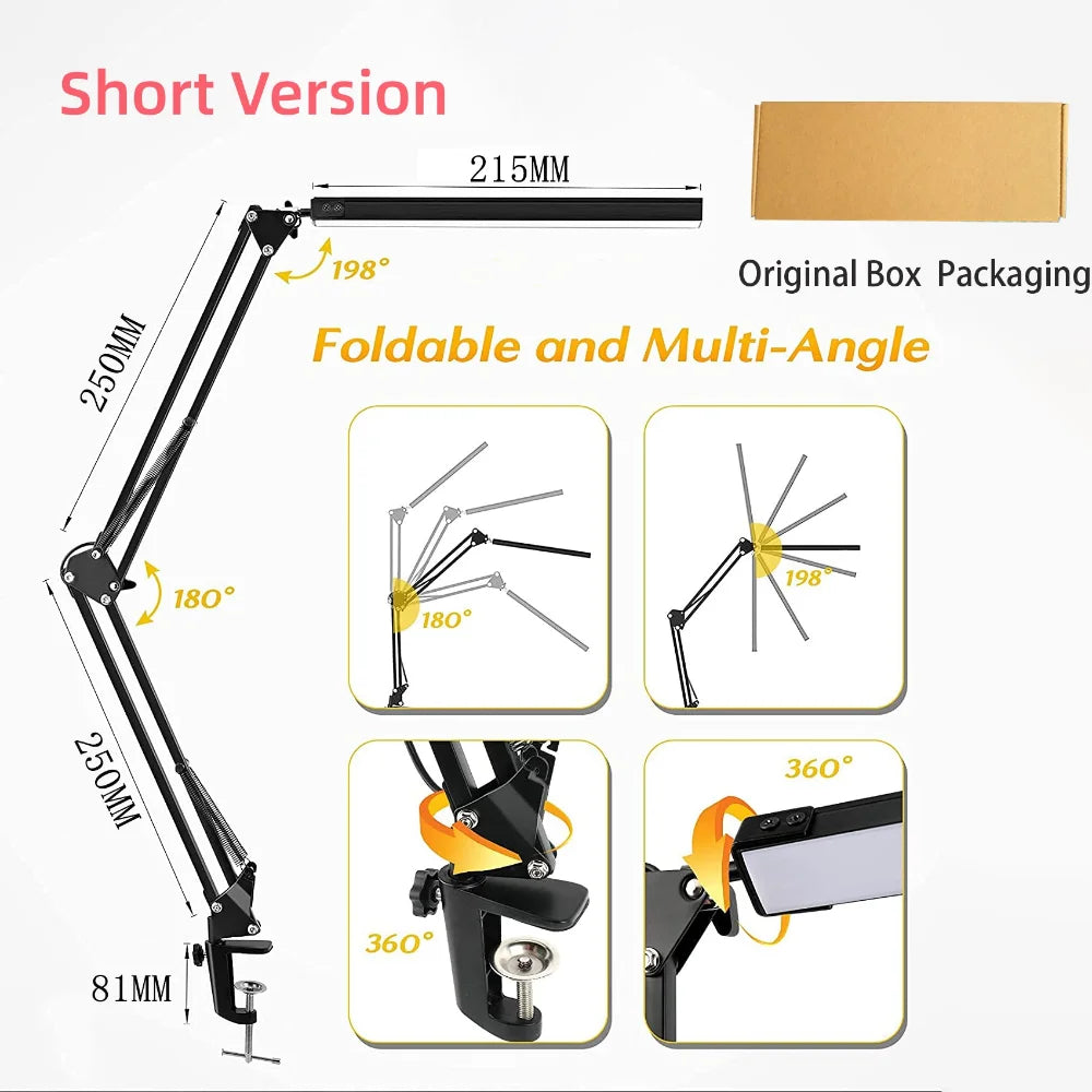 LED Desk Lamp Short Arm Foldable Clamp Light Adjustable Eye Caring Lamp 3 Color Modes Dimmable Reading Study Office Black 25×25×21.5cm
