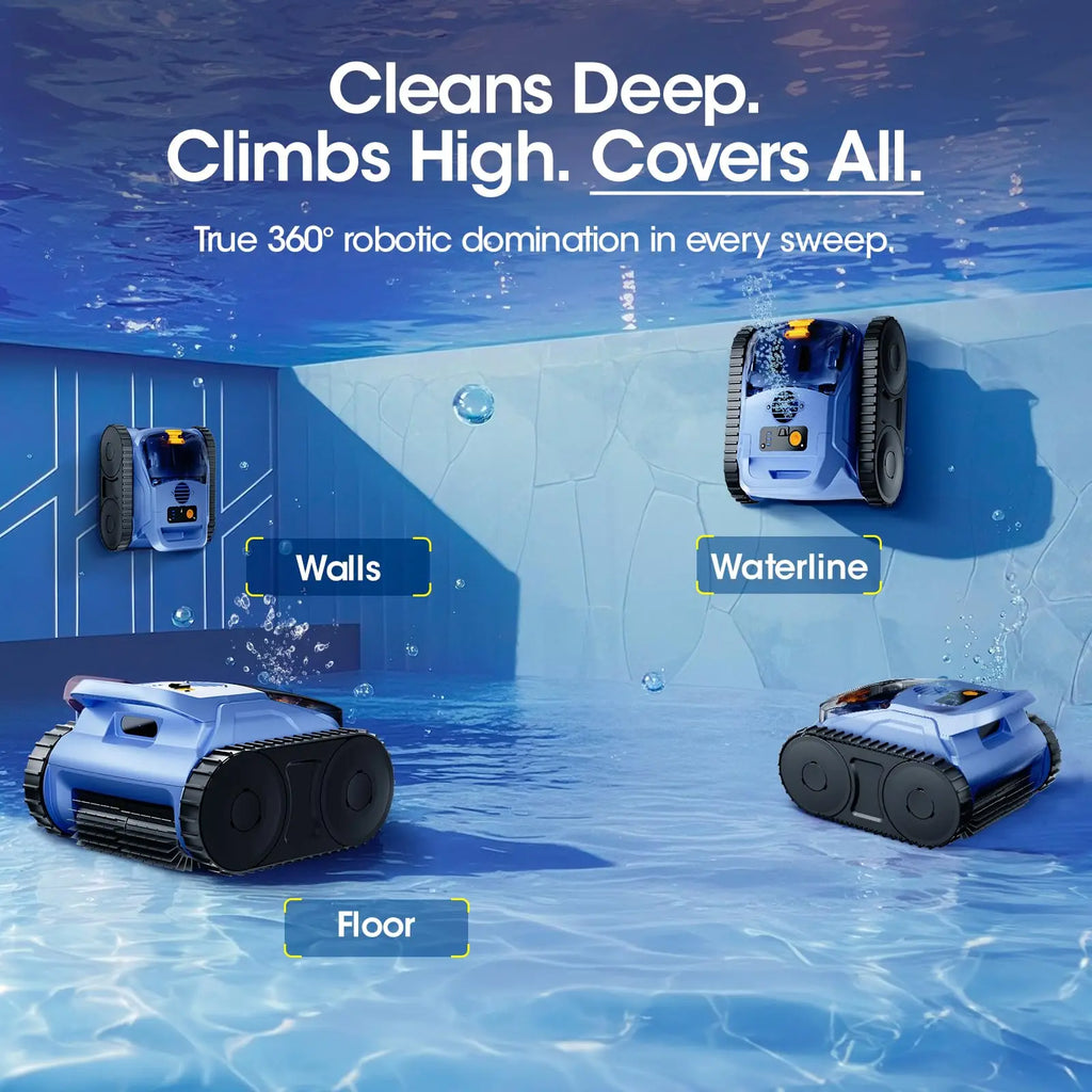 Cordless Robotic Pool Vacuum Cleaner Sonar Navigation Track Drive Wall Climbing 180W Brushless Motor 150Min Runtime Sky Blue