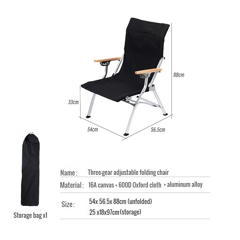 3 Position Reclining Folding Camping Chair Aluminium Outdoor Armchair Portable Garden Chair Black 54 × 56.5 × 88cm