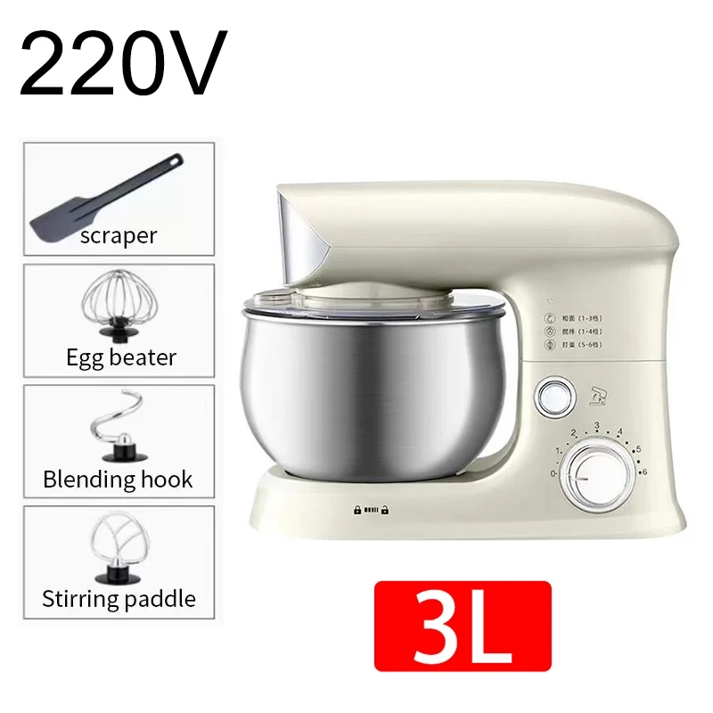 3L Multifunction Stand Mixer Dough Kneading Machine Egg Beater Kitchen Mixer White 21.8x19.2x24.8cm