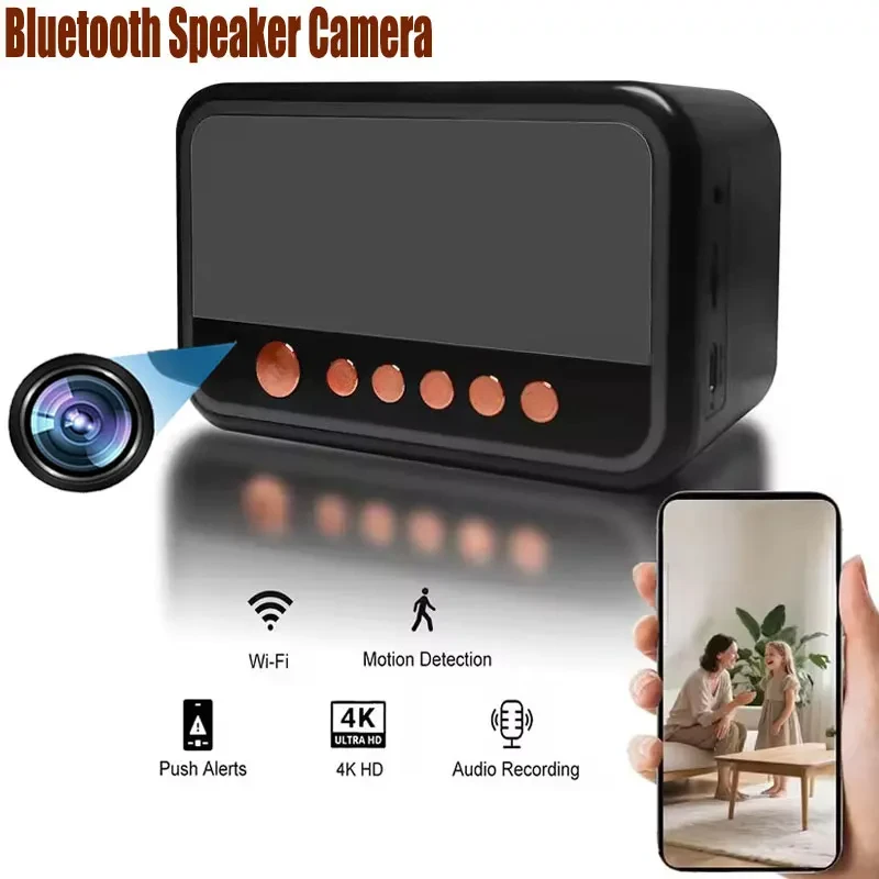 WiFi 6 Security Camera Alarm Clock with RGB Bluetooth Speaker 4K HD Motion Detection Remote Viewing 12x6.03x7.63cm