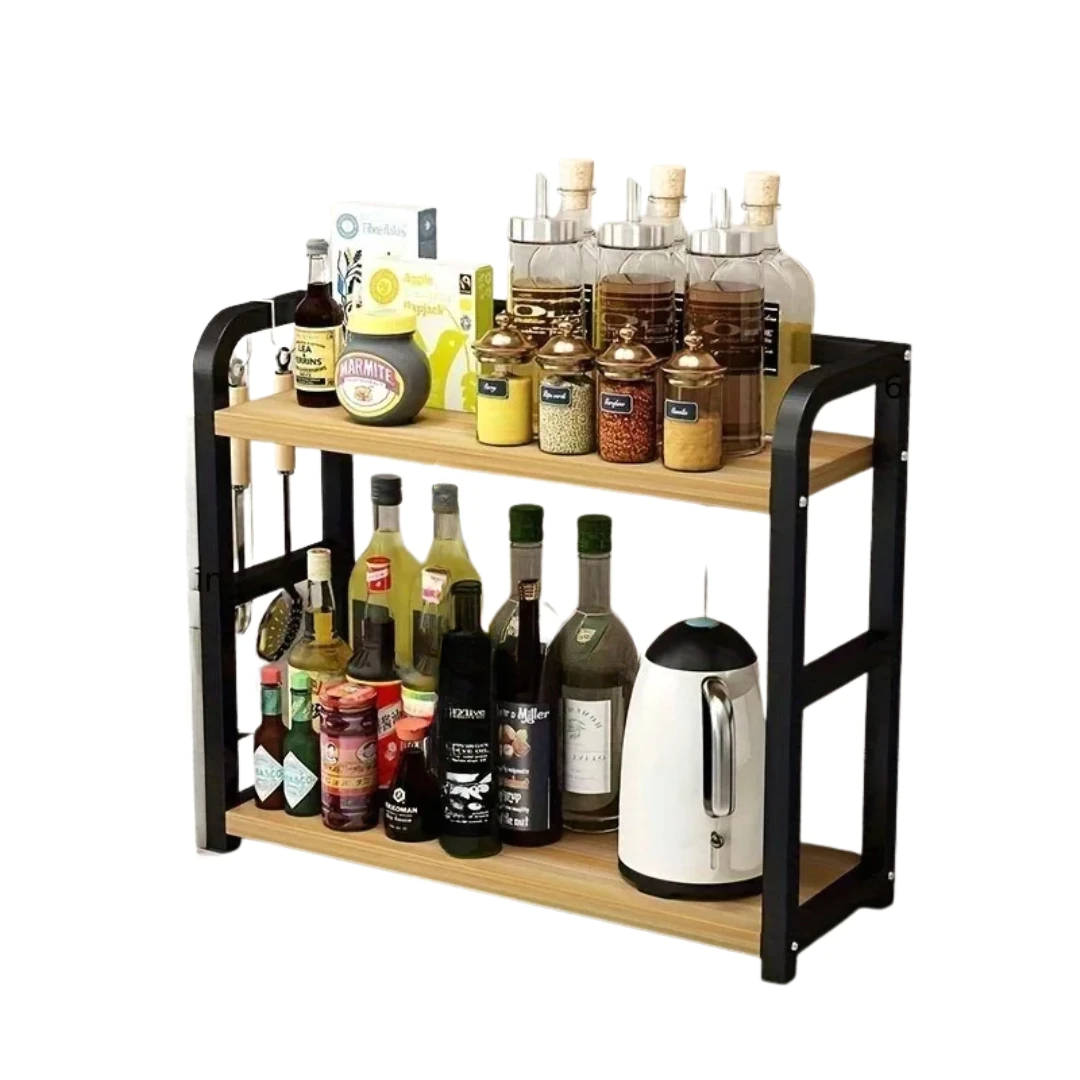 2 Tier Metal Countertop Shelf Kitchen Organizer Coffee Mug Condiment Storage Rack Rustproof Space Saving Walnut 35 × 14 × 42cm