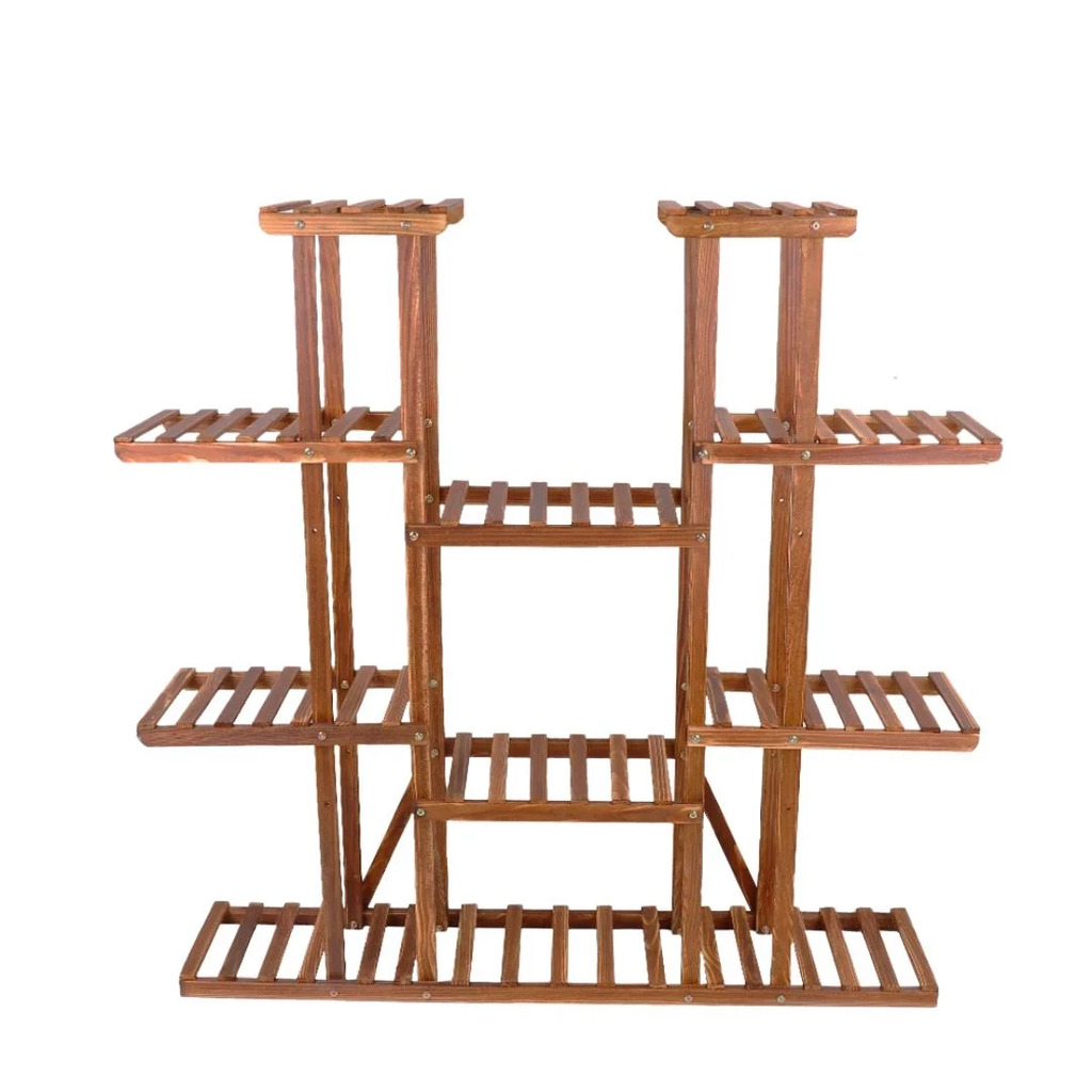 Plant Stand 11 Tier Carbonized Wood Flower Pot Display Shelf Indoor Outdoor Garden Rack Brown 116x115cm