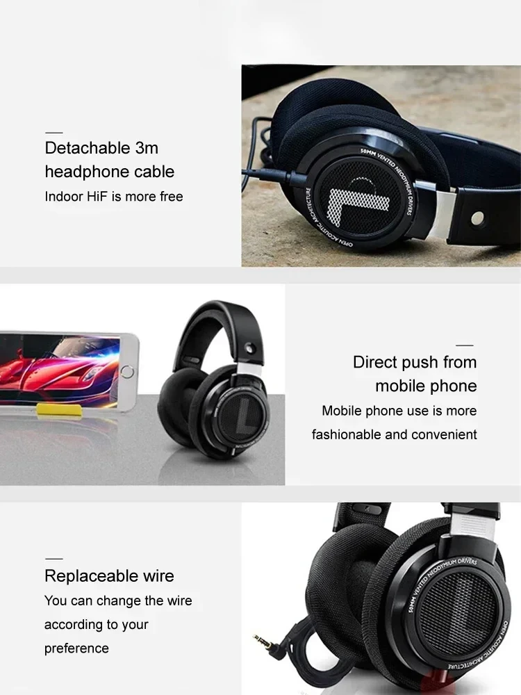 Wired HiFi Over-Ear Headphones with 50mm Drivers Open-Back 3.5mm & 6.3mm Audio for PC Laptop Gaming Music