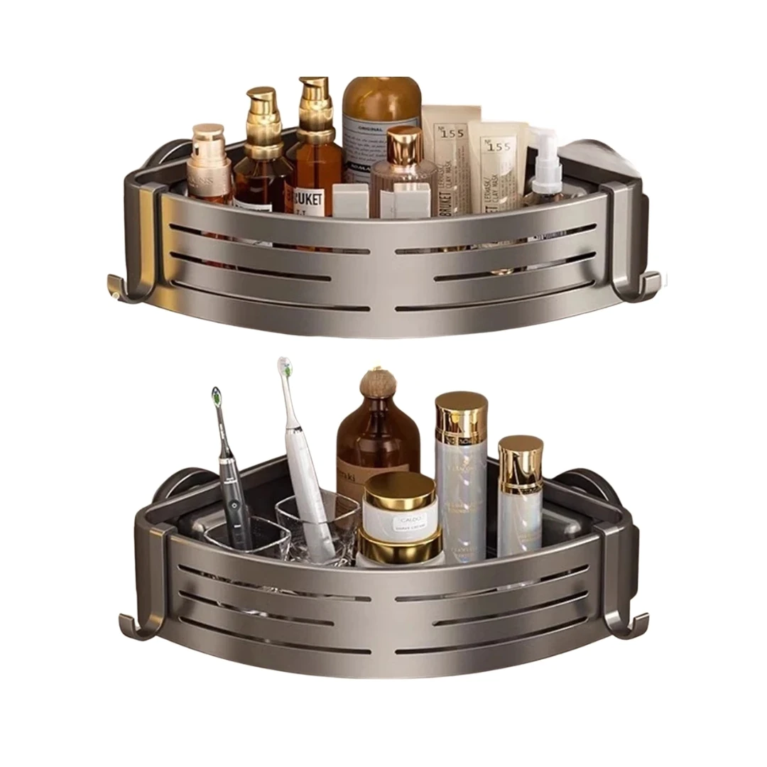 2 Pack Shower Corner Bathroom Shelf with Towel Hooks Suction Cup Wall Mounted Space Aluminium Rack Grey 30 × 22 × 6.8cm
