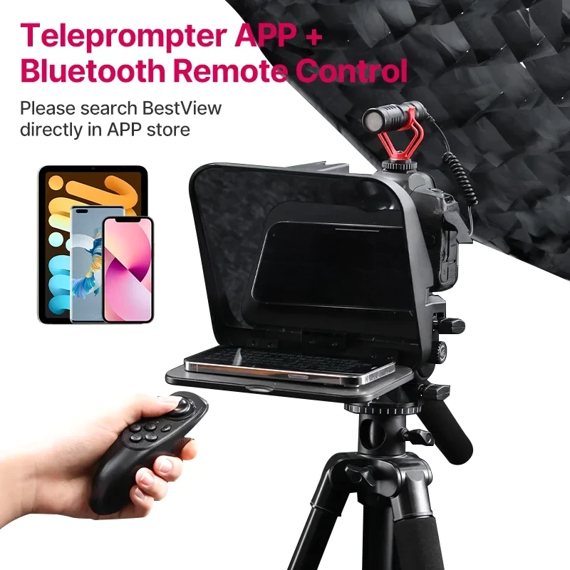 RT02 Universal Teleprompter DSLR Camera Smartphone Tablet Laptop Prompter for Live Streaming Video Recording Black 30×20.3×12.3cm