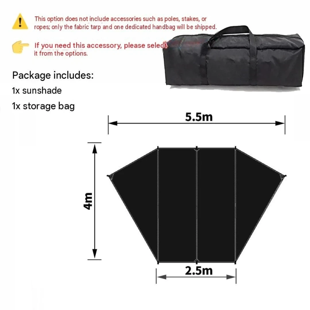 4 × 2.5m Car Side Sunshade Awning Tarp 210D Waterproof Black Coated SUV Camping Canopy Shelter Cloth Only