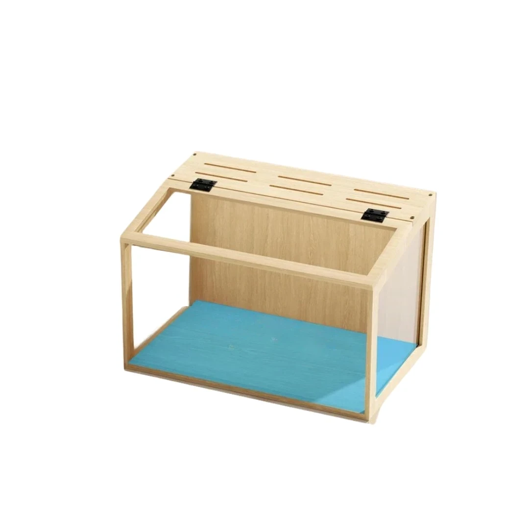 Wooden Hamster Cage Large Natural Habitat with Tempered Glass Panels Ventilation Holes and Built-in LED Light for Small Pets 60x40x40cm