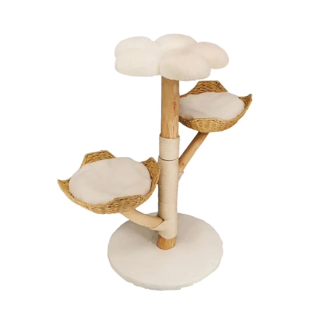 Cat Tree 110cm Solid Wood Climbing Tower with Scratching Post Activity Centre Natural Wood White 60x111cm
