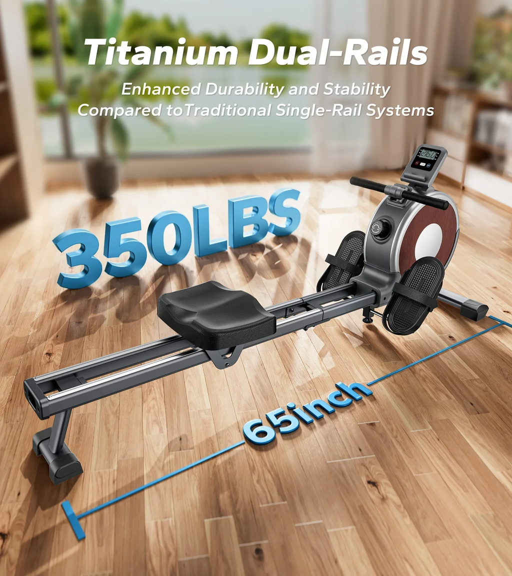 Rowing Machine Magnetic Rower with 16 Resistance Levels, Dual Slide Rail, 158.7kg Capacity, Black R02