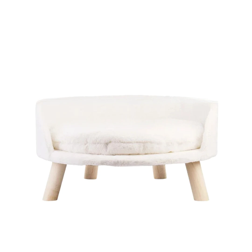 Cat Bed Plush Pet Chair Stool with Cushion and Wood Legs White 61.5x32.8cm