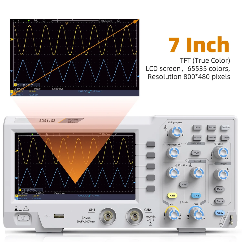 Digital Storage Oscilloscope 100MHz 2 Channel 1GSa/s Desktop Oscilloscope with 7 Inch TFT Display
