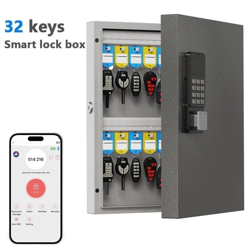 Key Lock Box 32 Key Wall Mounted Storage Cabinet with Bluetooth App Access OTP and PIN Code Unlocking Black