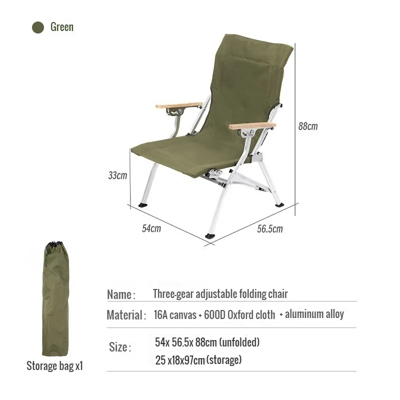 3 Position Reclining Folding Camping Chair Aluminium Outdoor Armchair Portable Garden Chair Green 54 × 56.5 × 88cm