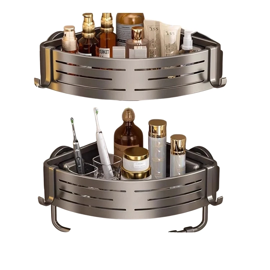 2 Pack Pro Shower Corner Bathroom Shelf with Towel Hooks Suction Cup Wall Mounted Space Aluminium Rack Grey 30 × 22 × 6.8cm