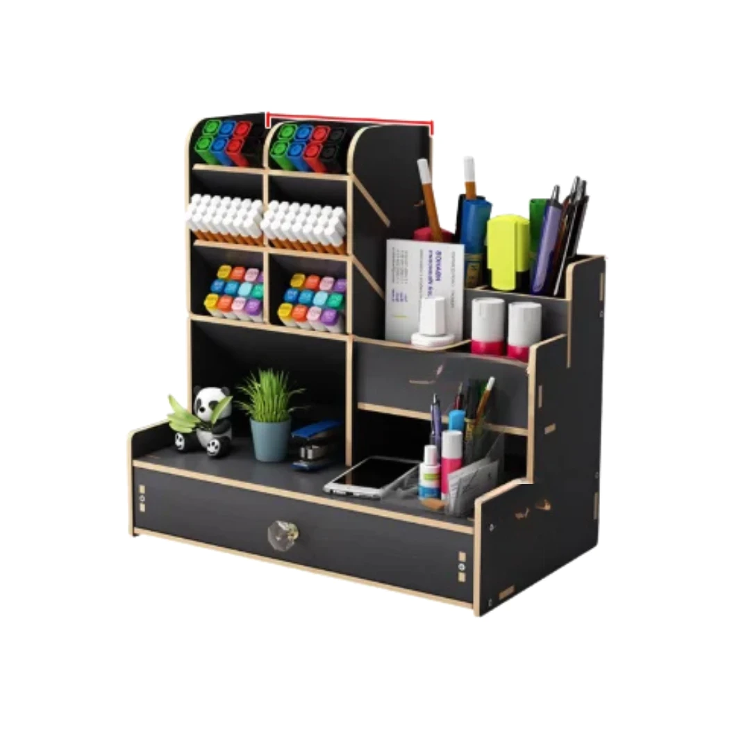 Wooden Desk Organizer DIY Desktop Storage Box Pen Holder Large Capacity Stationery Organizer with Drawer Home Office School Black