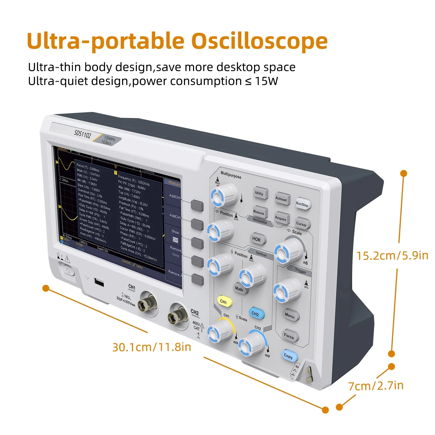 Digital Storage Oscilloscope 100MHz 2 Channel 1GSa/s Desktop Oscilloscope with 7 Inch TFT Display