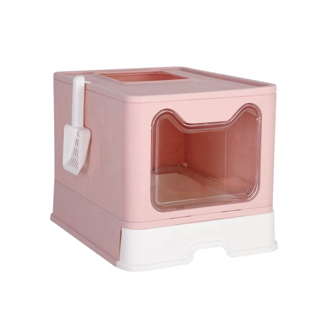 Cat Litter Box Enclosure 41x50.8x38.6cm with Scoop Drawer Portable Covered Cat House Pink
