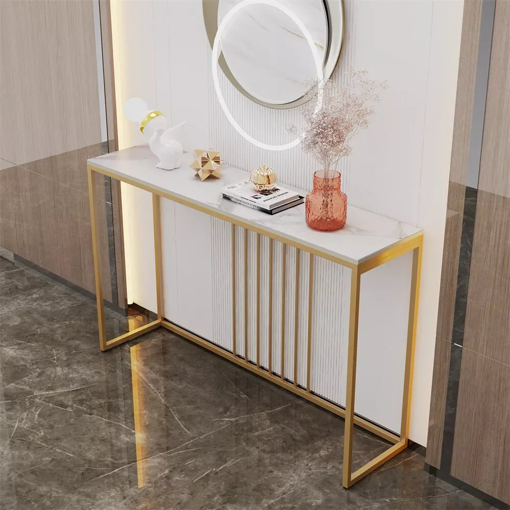 Console Table with Storage Shelf Entryway Sofa Table Narrow Hall Table Modern Living Room Furniture Design White & Gold 100x30x78.5cm