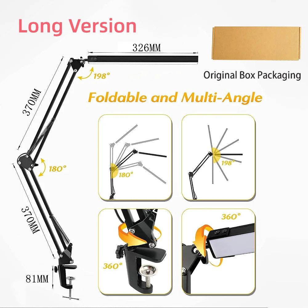 LED Desk Lamp Long Arm Foldable Clamp Light Adjustable Eye Caring Lamp 3 Color Modes Dimmable Reading Study Office Black 37×37×32.6cm
