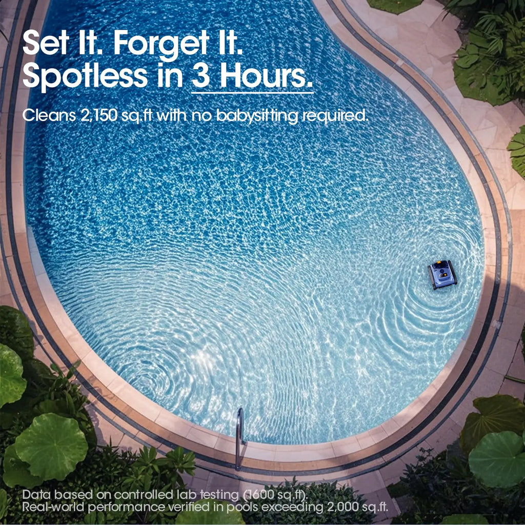 Cordless Robotic Pool Vacuum Cleaner Sonar Navigation Track Drive Wall Climbing 180W Brushless Motor 150Min Runtime Sky Blue