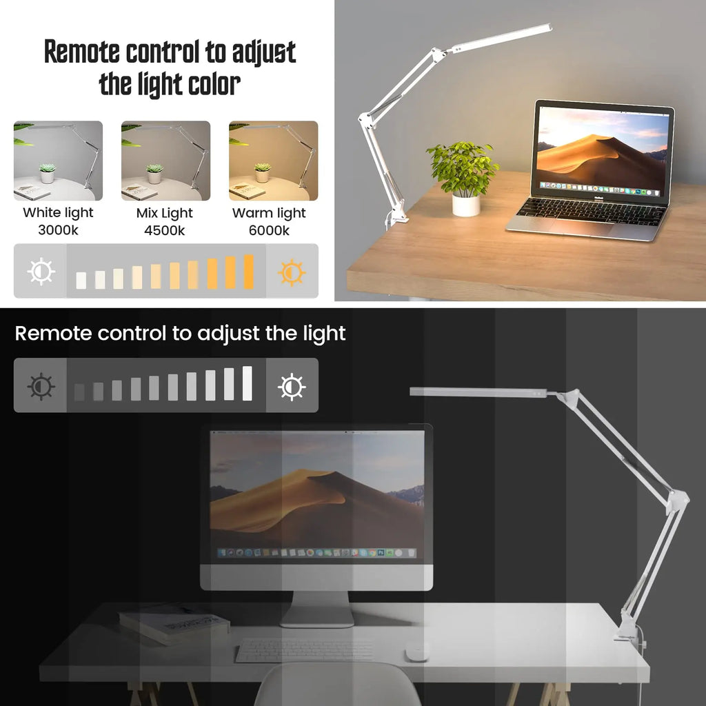 LED Desk Lamp Long Arm Foldable Clamp Light Adjustable Eye Caring Lamp 3 Color Modes Dimmable Reading Study Office Black 37×37×32.6cm