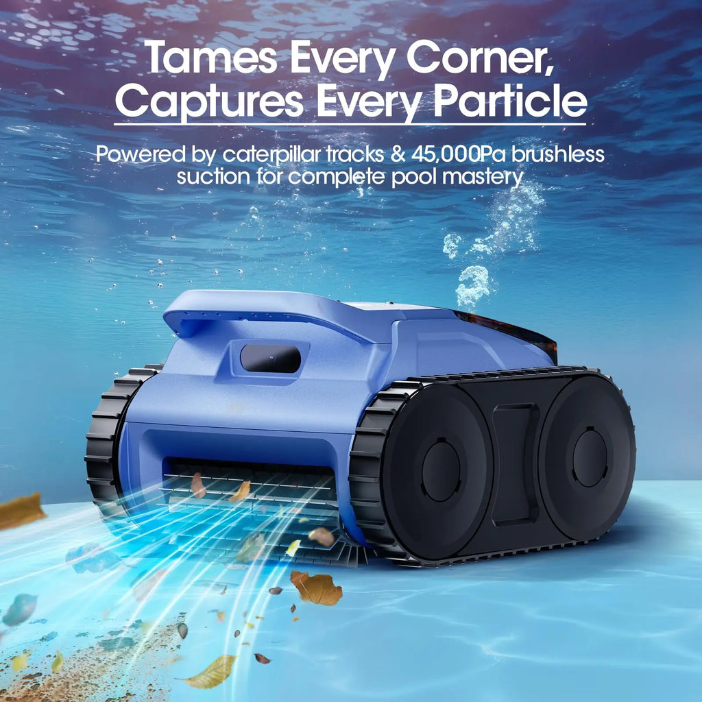 Cordless Robotic Pool Vacuum Cleaner Sonar Navigation Track Drive Wall Climbing 180W Brushless Motor 150Min Runtime Dark Blue