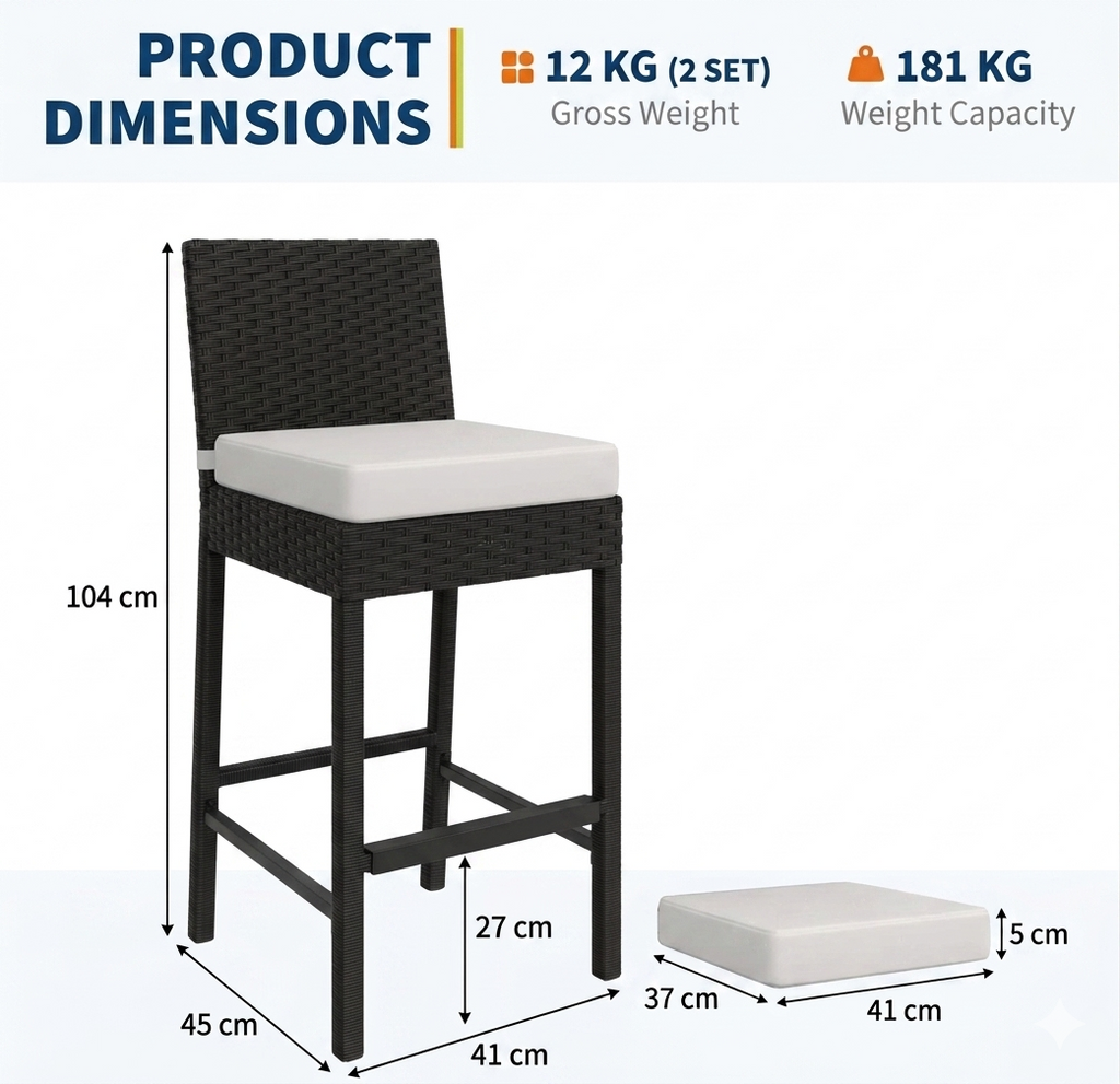 Outdoor Bar Stools Set of 2 Patio Bar Stools Weather-resistant Armless With Seat Cushions Black 40x45x103