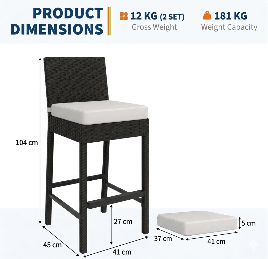 Outdoor Bar Stools Set of 2 Patio Bar Stools Weather-resistant Armless With Seat Cushions Black 40x45x103