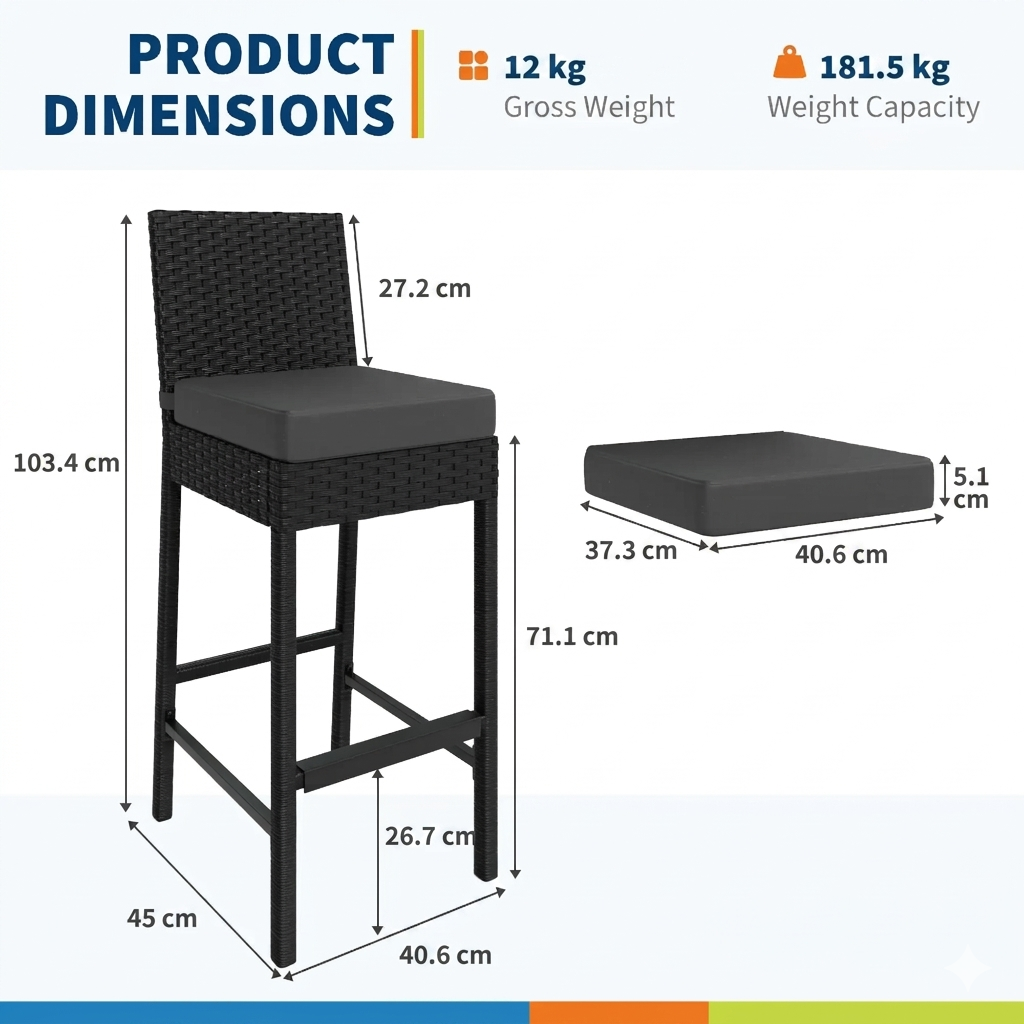 Outdoor Bar Stools Set of 2 Patio Bar Stools Garden Bar Stools  Weather-resistant Armless With Seat Cushions Black 40x50x103cm