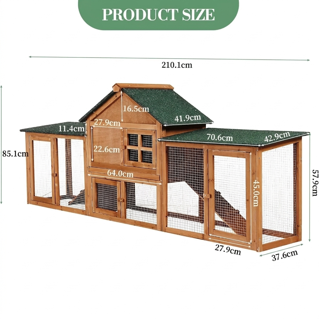Rabbit Hutch Chook Run Bunny Hutch Rabbit Cage 210cm For Bunny & Chicken Weatherproof With Side Runs, Tray & Ramps Brown and Green