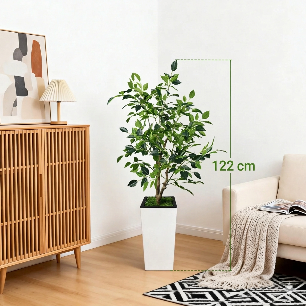 Artificial Ficus Tree Realistic Leaves Indoor Outdoor Plant Decor for Home Office Living Room Decoration White 120 cm height