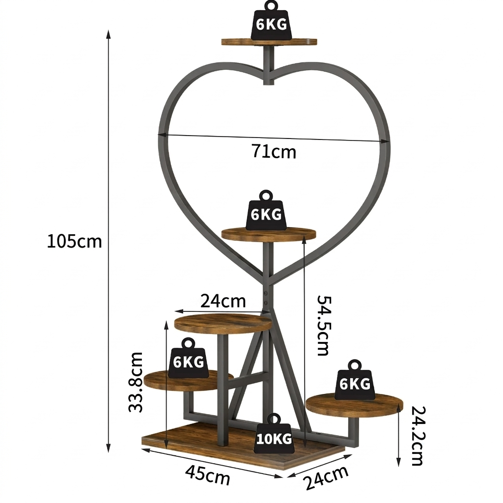 Flower Display Rack Multi-Layer Heart-Shaped Plant Stand Indoor/Outdoor Floral Stand Suitable for Living Room and Balcony Black & Brown 45x24x105cm