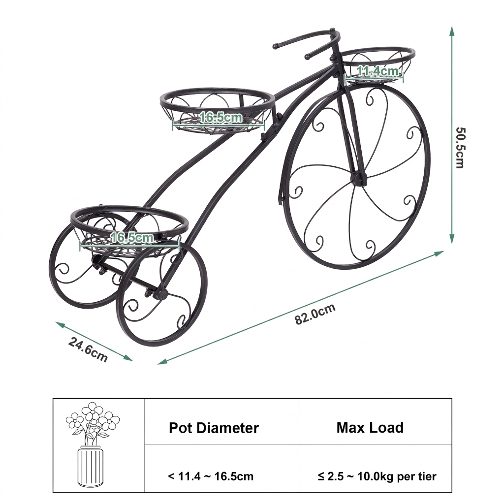 Plant Stand Outdoor Plant Holder Weather Resistant Flower Pot Stand 3 Tier Bicycle Design 79.5x52cm Black
