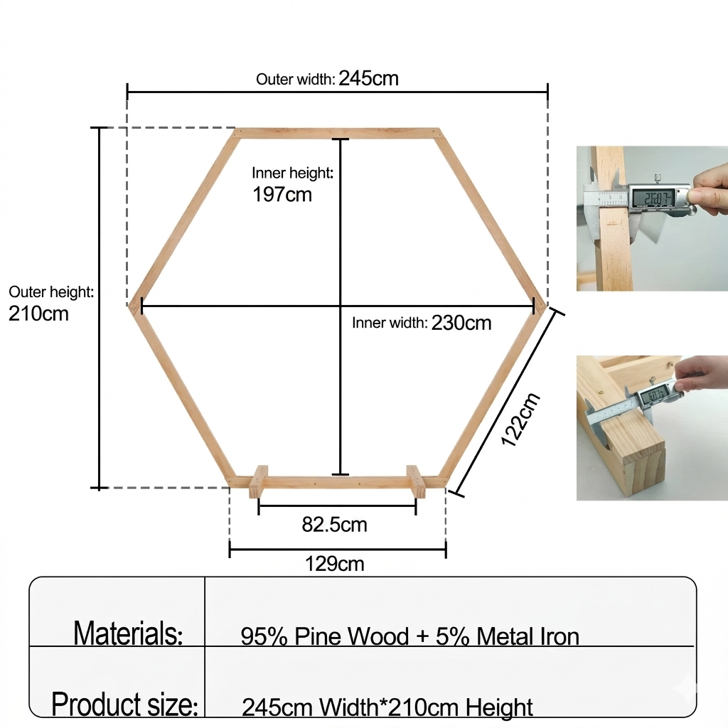 Wedding Arch Frame Hexagon Stand Natural Wood Heavy Duty Ceremony and Photo Backdrop Natural 245x210cm