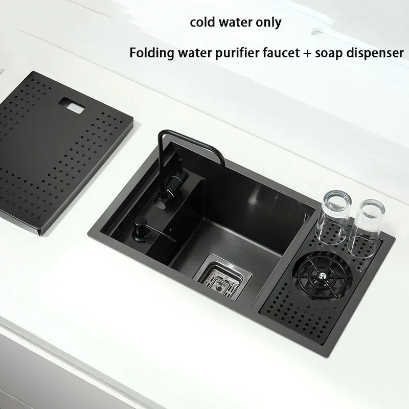 Black Stainless Steel Kitchen Sink 55x32cm Single Bowl Bar Sink with Cup Washer Compact Concealed Design